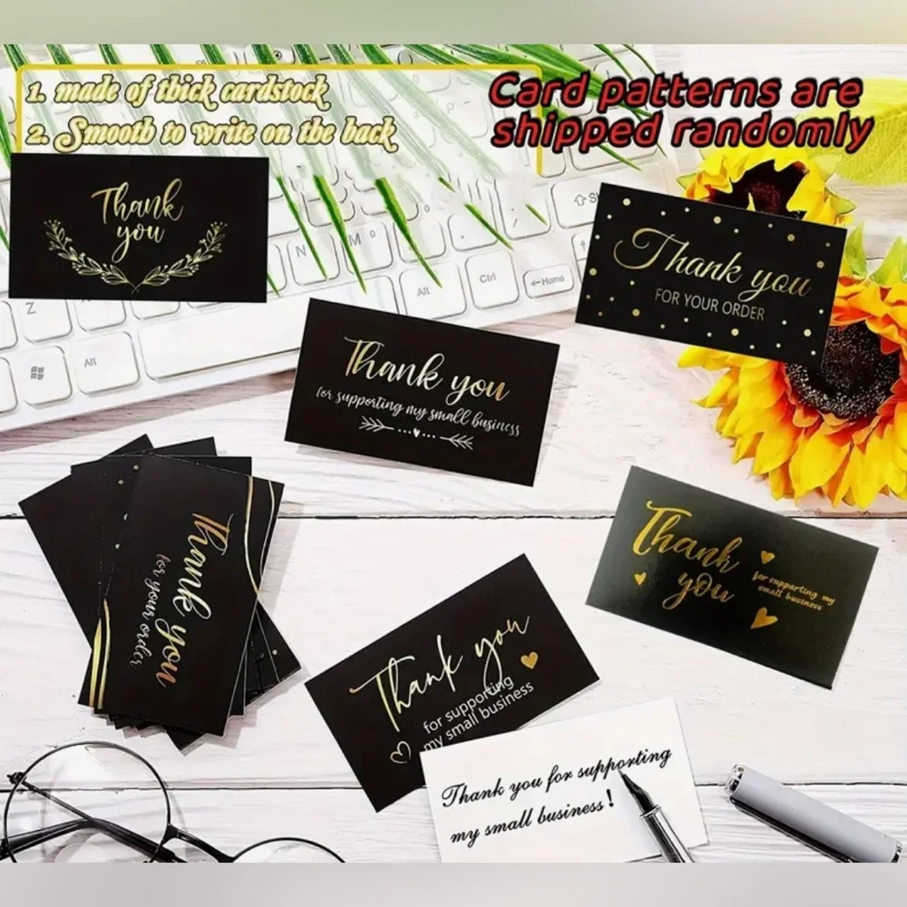 Black and Gold Thank You 500 Stickers,100 Business Cards and 20 Reseal Envelopes